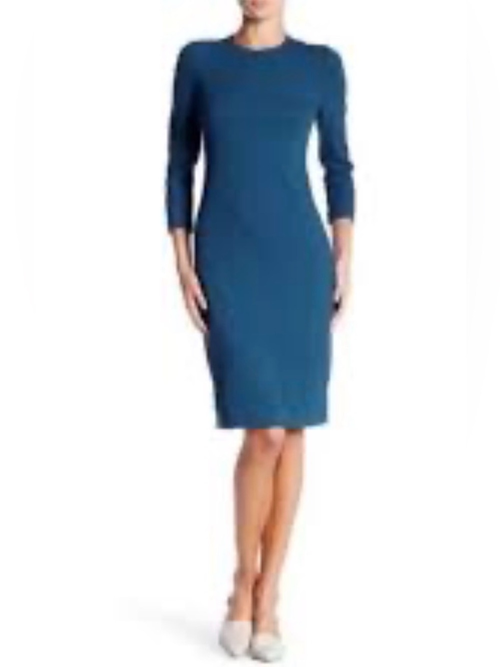 Vince Stretch Crepe 3/4 Sleeve Sheath Dress Teal Blue Sz M Minimal Classic